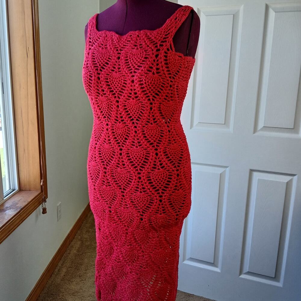 Hand Crafted Red Crochet Lace Gown M L XL 2X bodycon midi tube dress swim cover - Picture 2 of 11
